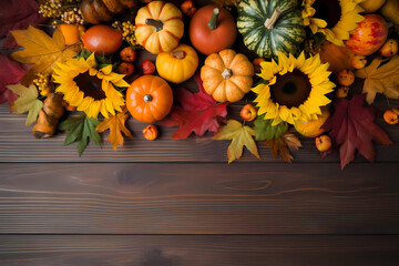 Wall Mural - Fall background with pumpkins, sunflowers and fall leaves, generative AI