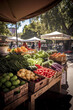 Farmers market stall on a sunny day with fruits and vegetables, generative AI