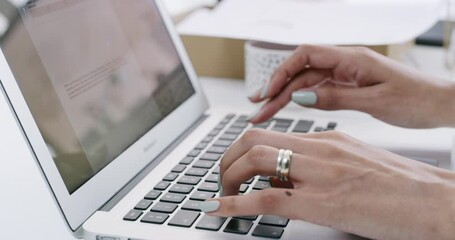 Canvas Print - Business woman, hands and laptop typing for communication, email or research on office desk. Hand of female employee working on computer keyboard for online browsing, search or writing at workplace