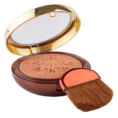 Wall Mural - Bronzer powder for facial makeup in a plastic case with a mirror and a brush on a white background