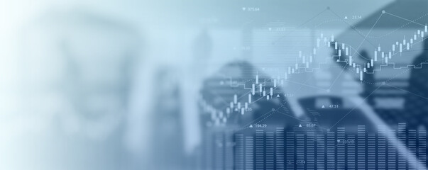 Wall Mural - financial chart with line graph in stock market and silhouette people walking in cityscape backgroun