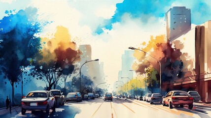 Wall Mural - Digital watercolor painting of an urban street scene created by Generative AI