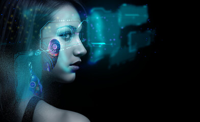 Wall Mural - close up face headshot eye touch screen female businesswoman woman lady robot ai artificial intelligence industry technology cyberspace datum security information science vr virtual reality biometric