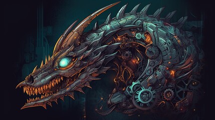 Wall Mural - A mechanical dragon with glowing eyes. Fantasy concept , Illustration painting. Generative AI