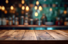 Empty Wooden Table And Blurred Background Of Bar Or Pub. For Product Display