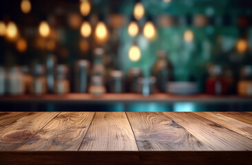 Aufkleber - Empty wooden table and blurred background of bar or pub. For product display