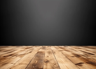 Wooden floor with black wall background. High quality photo