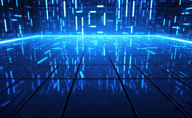 Wall Mural - Abstract technology background with blue glowing neon light lines and tile. High quality illustration