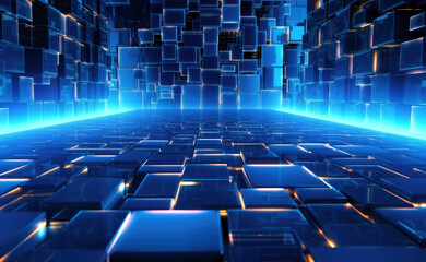 Wall Mural - Abstract technology neon blue lights background with glowing cube box tile. High quality illustration