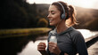 Young Woman Running and Listening to Music. Water with Headphones. generative ai