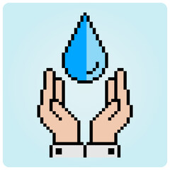 Wall Mural - 8 bit pixel logo save water. Symbol hand holding a water in vector illustration