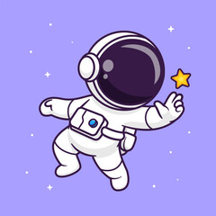 Wall Mural - Cute Astronaut Floating In Space With Star Cartoon Vector Icon Illustration. Science Technology Icon Concept Isolated Premium Vector. Flat Cartoon Style