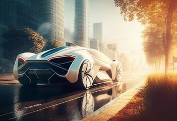 Wall Mural - Electric sport car running on the morning road in future city Created with Generative AI technology.