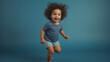 © NPix - A fashionable kid model stands in a studio, looking directly at the camera. She wears casual clothing and has curly hair styled for the photo shoot. Generative AI
