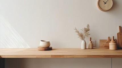 Interior of modern kitchen with white walls, wooden countertops, round wooden bowls with dried flowers and clocks. 3d rendering