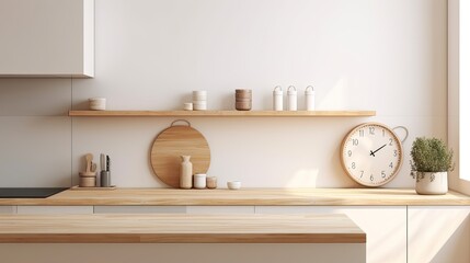 Interior of modern kitchen with white walls, wooden countertops, round wooden bowls with dried flowers and clocks. 3d rendering