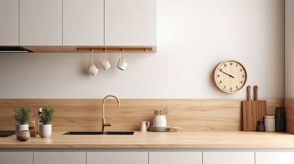 Interior of modern kitchen with white walls, wooden countertops, round wooden bowls with dried flowers and clocks. 3d rendering