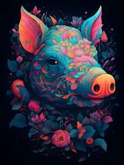 Wall Mural - Detailed illustration of a pig in neon bright colors on a black background