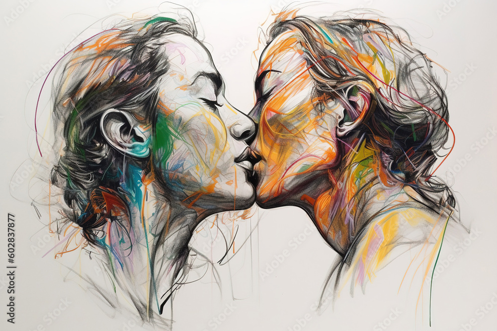 Kiss. An abstract illustration of a young female couple kissing. Sketch ...