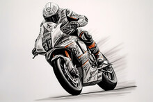 Moto GP Racer, Abstract Hand Drawn Portrait. Stunning Sketch, Smudge And Spatter. Generative Art.