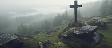 Age Old Eroded Stone Crosses And Tombstones High Above On Misty Mountain Overlooking Scottish Highlands, Small Memorial Cemetery Of Fallen Heroes - Generative AI 