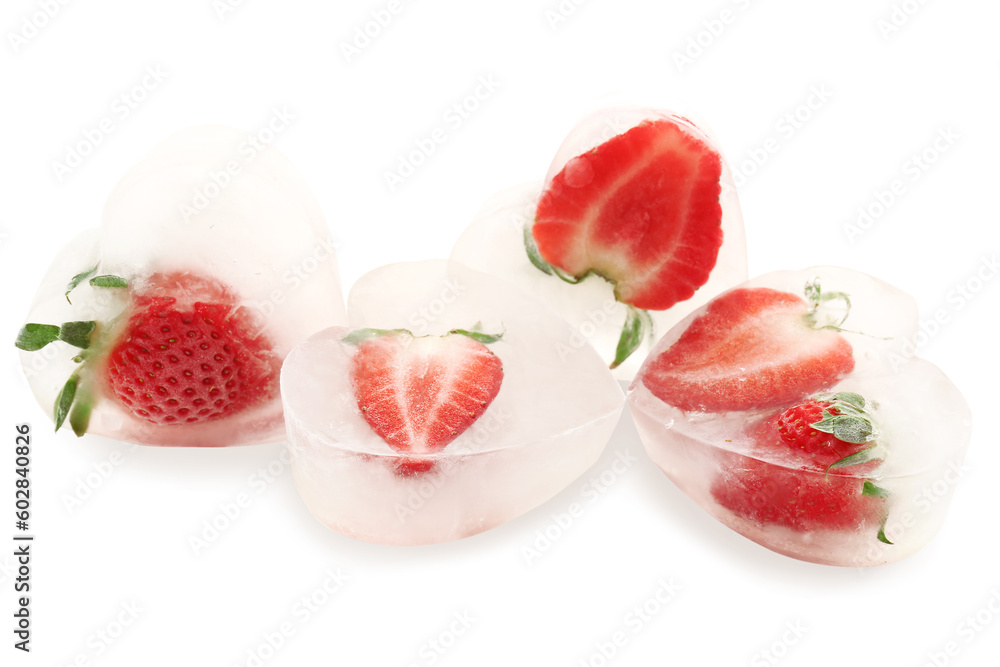 Fresh strawberry frozen in ice on white background