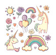 Cute unicorn set. Rainbow, beautiful magic animals, flowers, sun, air balloons. Vintage pastel fantasy collection for unicorns design