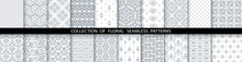 Geometric Floral Set Of Seamless Patterns. White And Gray Vector Backgrounds. Damask Graphic Ornaments