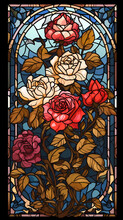 Stained Glass Window. Mosaic Red Roses Vertical Background