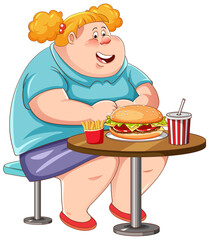 Poster - Overweight woman eating fast food on the table isolated