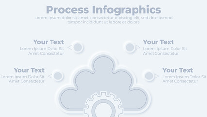 Neumorphic cloud with gear icon and work process infographic 4 steps presentation template