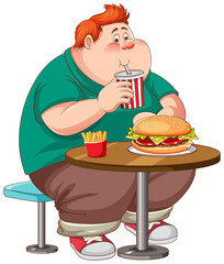 Sticker - Overweight man eating fast food on the table isolated