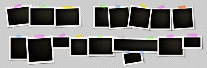 Wall Mural - realistic set of instant photo collage attached to wall with sticky tape. vector illustration of squ