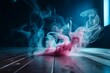© Angus.YW - Pair of pink and blue smoke from incense sticks on a wooden floor, generative Ai