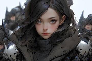 Wall Mural - anime cute expressive girl soldier wears a brown coat and blue armor, in the style of frostpunk, realistic hyper-detailed portrait. generative AI