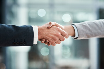 Aufkleber - Business people, handshake and partnership meeting, welcome and introduction or job agreement and success. Professional man, partner or corporate clients shaking hands in thank you, interview or deal