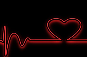 Poster - neon light heart rate rhythm line graph red color glow in the dark background