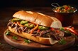 classic Chicago style Italian beef sandwich, with slow cooked, juicy beef piled high on a soft roll. Generative ai