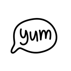 YUM doodle quote. Speech bubble with word yum. Printable graphic tee with talk. Design doodle text balloon for print. Vector illustration. Cartoon comic style. Black and white. Thought bubble