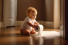 Close Up Of A Baby Playing With Toilet Paper On The Floor