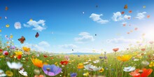 A Colorful Flower Field, A Mix Of Tulips, Daisies, And Other Flowers In Various Shades, Bees And Butterflies Flying Around, A Clear Blue Sky In The Background, Field Of Flowers, Generative AI
