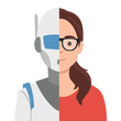 © lioputra - Profile portrait picture face of half robot half human. Woman cyborg and person on one photo. Artificial intelligence, futuristic virtual digital female model. Innovation. Flat vector illustration