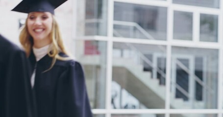 Aufkleber - Education, graduation and achievement with students in college for learning, scholarship and future. Diploma, knowledge and university with people walking for academy event, certificate and pride