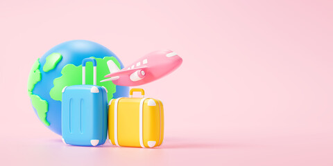 3D Time to travel concept with airplane, earth and suitcase on pink background, business trip,