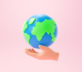 3d Hand holding global World Earth Day Concept. global warming, environmental care. 3d render illustration