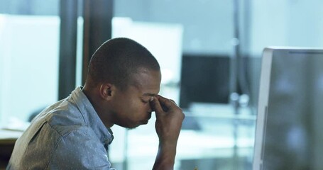 Fototapete - Burnout, stress and headache with a business man rubbing his eyes while working late in the office. Computer, glasses and night with a male employee feeling overwhelmed by the pressure of a deadline