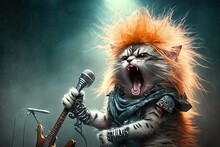 Cute Kitty Singing Glam Metal On Stage. Glorious Generative AI.