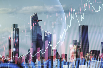 Abstract creative financial graph interface and world map on New York city skyline background, forex and investment concept. Multiexposure