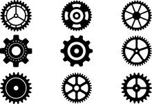 Collection And Set Of Realistic Gear And Bicycle Stars. A Profiled Wheel With Teeth That Engages With A Chain. Cog Set Icons On White Background.