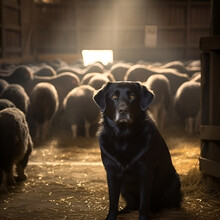 Black Dog Sitting In Front Of A Flock Of Sheep In A Barn